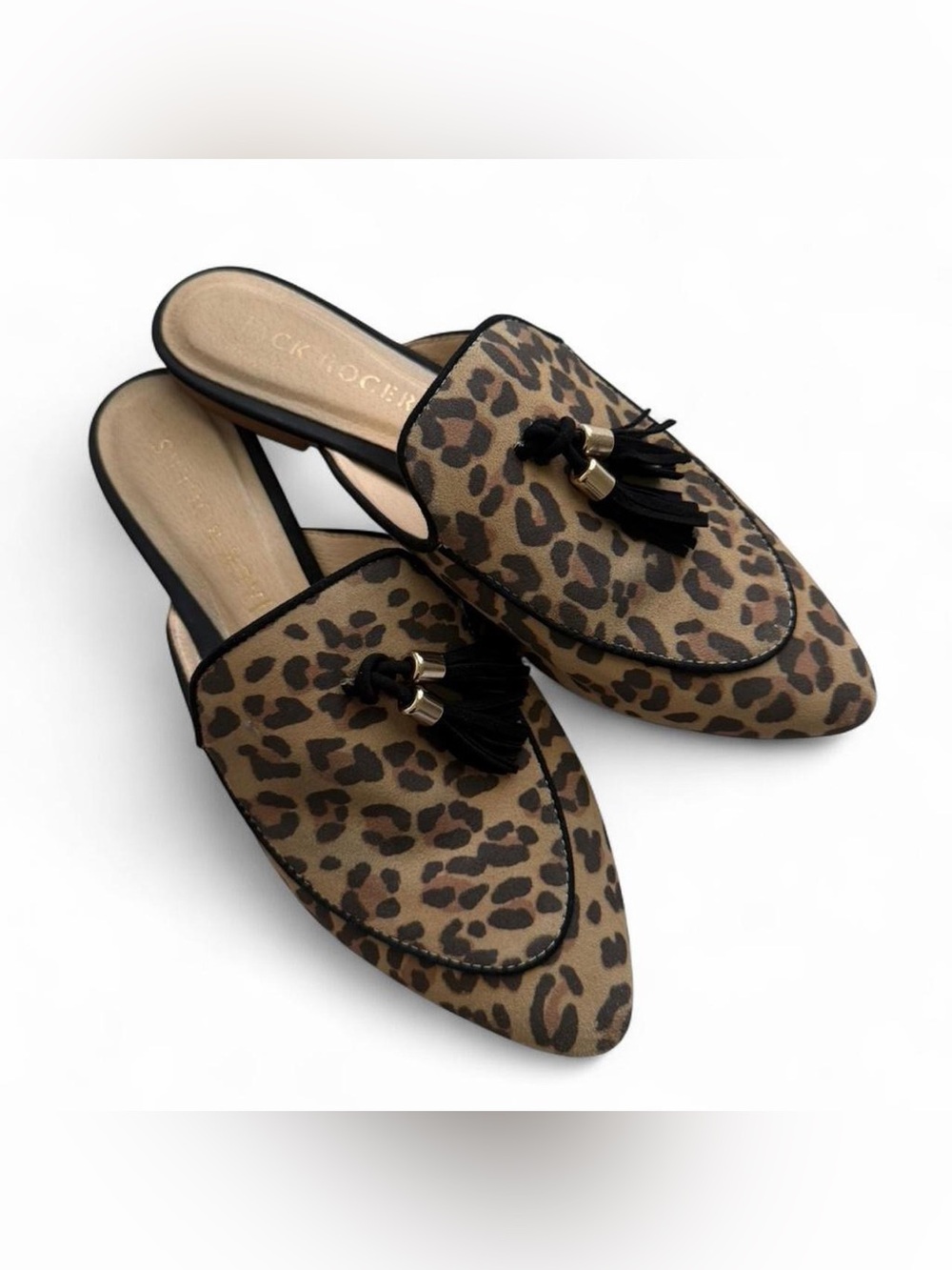 Jack Rogers Penwood Brown Leopard Suede Tassel Mule Loafers Size 7.5 Pointed Toe